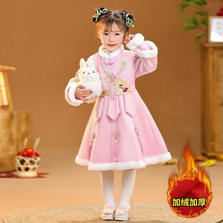 Hanfu de invierno para niña | Traje festivo con forro polar | Traje Tang estilo chino con falda Ma Mian | Ropa de invierno gruesa