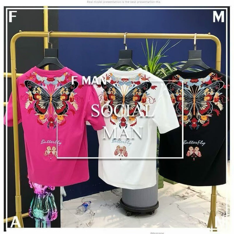 Camiseta de manga corta con estampado pesado para hombre, nueva tendencia de verano, estilo étnico nacional, bordado, manga corta, combina con todo, parte inferior blanca