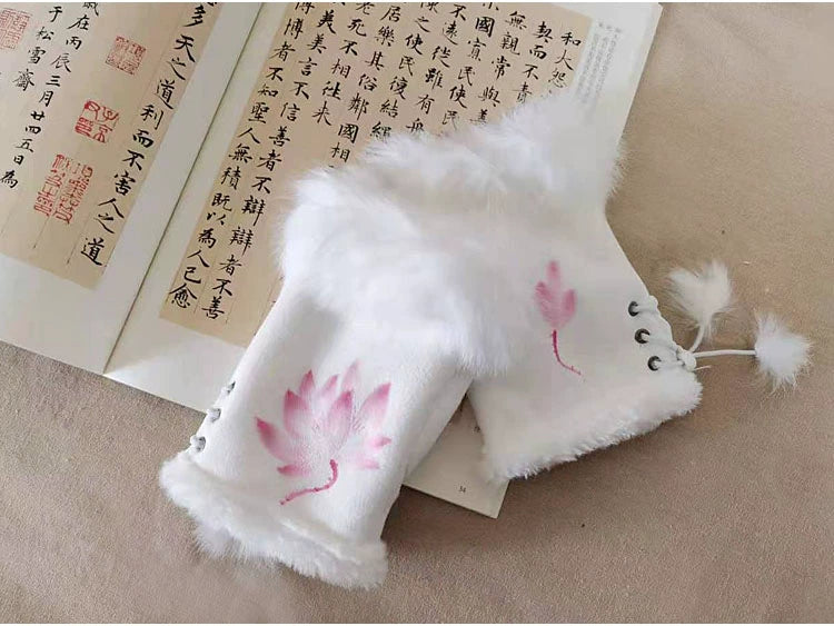 Guantes de piel de conejo Qianqian Chenxiang pintados a mano, cálidos, de medio dedo, exquisitos guantes de invierno de estilo chino para mujer, regalo de Año Nuevo.