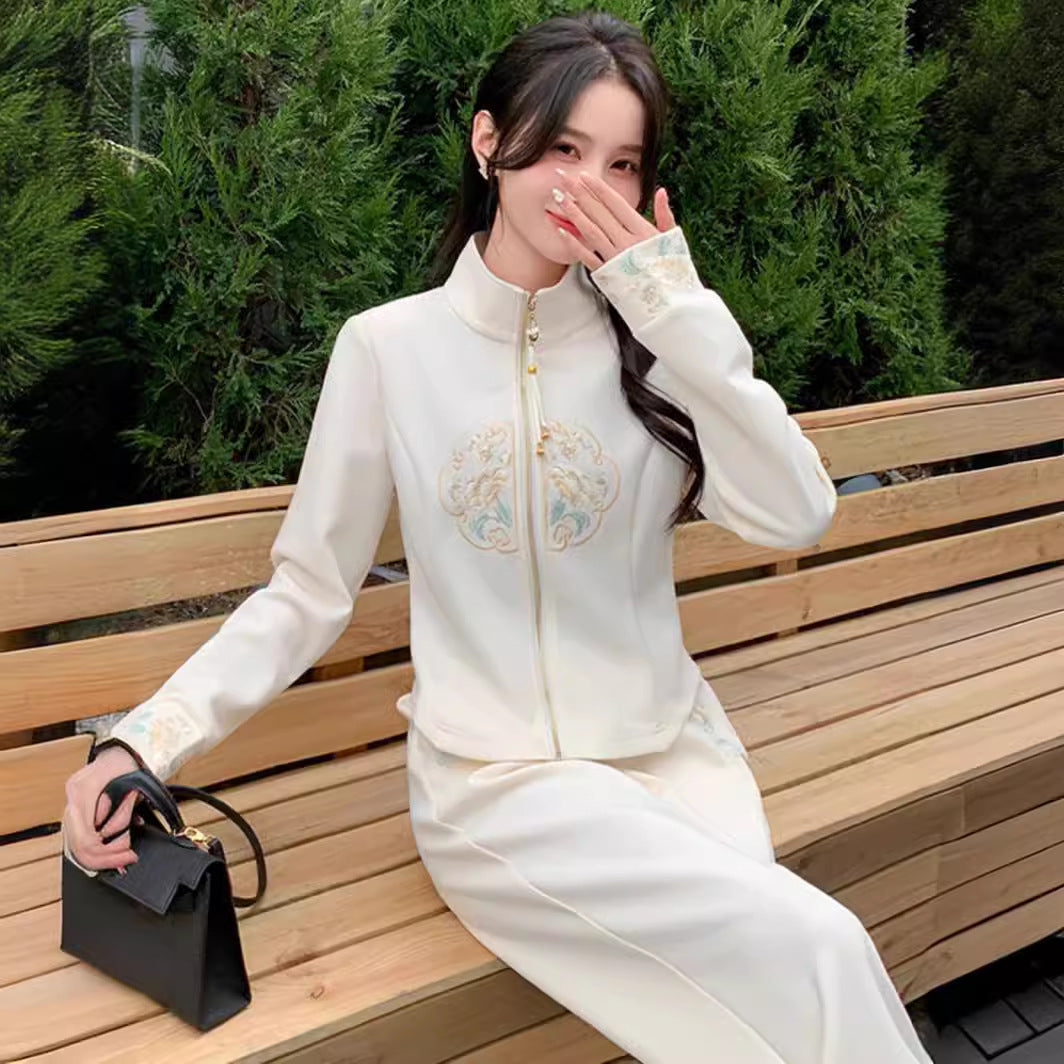Conjunto deportivo informal de estilo chino para mujer, primavera 2024, con cárdigan abierto elegante y pantalones anchos.