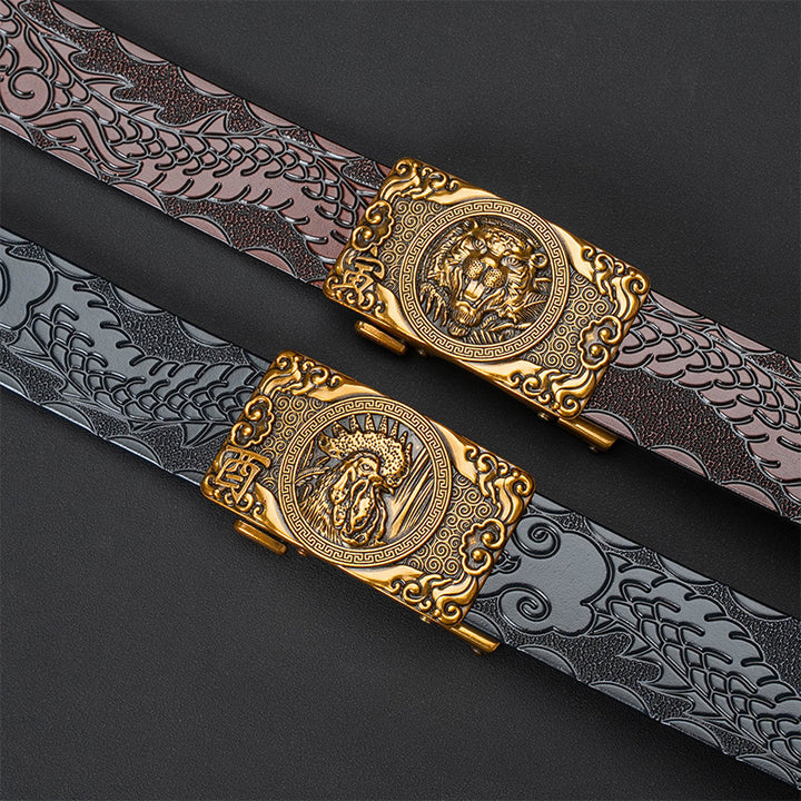 Nueva oferta: Cinturón con hebilla automática del zodiaco y grabado de dragón, de piel de vacuno de doble capa, moderno, informal y con un diseño atrevido.