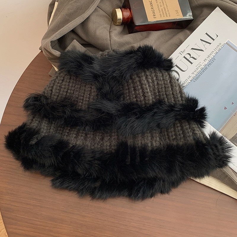 Gorro de pescador de punto de piel de conejo para mujer: protección auditiva para otoño e invierno, hilo de punto cálido, gorro de felpa con cabeza de león de tendencia nacional.