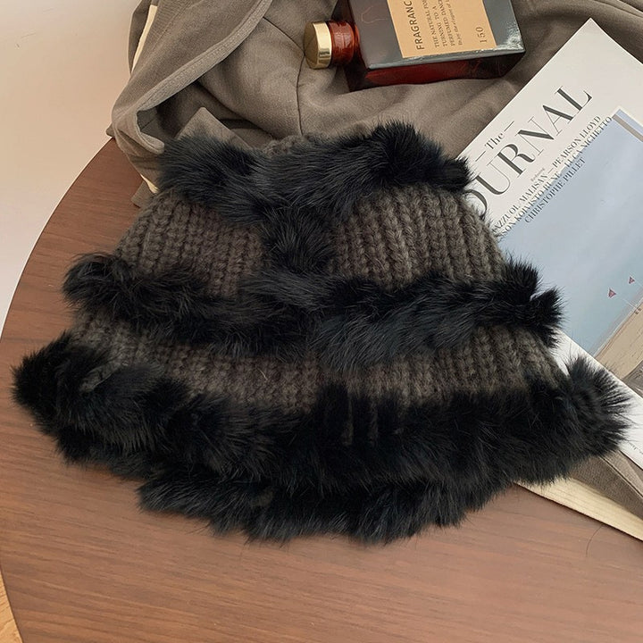 Gorro de pescador de punto de piel de conejo para mujer: protección auditiva para otoño e invierno, hilo de punto cálido, gorro de felpa con cabeza de león de tendencia nacional.