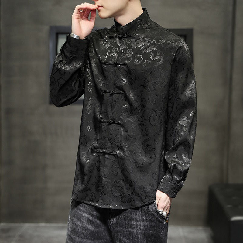 Chaqueta de traje Tang de seda para hombres | Cuello alto estilo chino holgado de talla grande | Chaqueta Zhongshan de estilo retro |