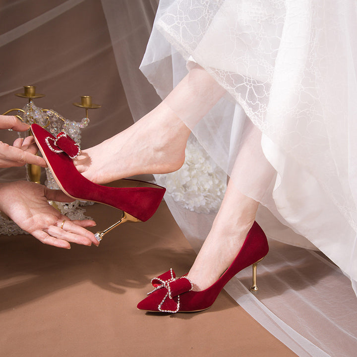 Zapatos de boda Xiuhe estilo chino para mujer 2025, zapatos de boda color vino, tacones altos que no cansan los pies, vestido de novia Xiuhe, zapatos de novia bidireccionales