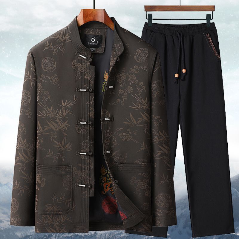 Traje Tang de otoño e invierno para hombres mayores | Chaqueta de algodón para abuelo | Abrigo acolchado de algodón grueso retro | Traje de papá de estilo chino