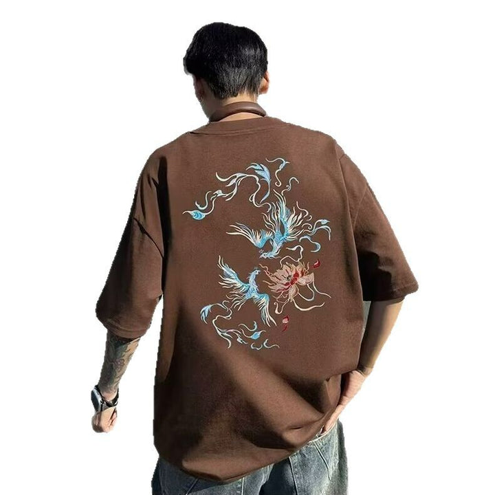 国潮中国风衣服白色纯棉短袖T恤男士宽松大码凤凰潮牌重磅半袖夏