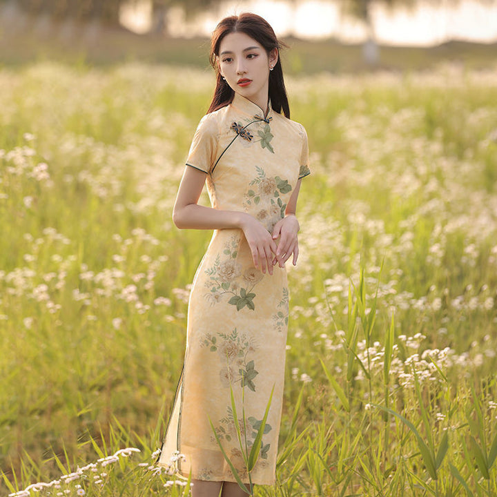2025 New Summer Improved Cheongsam Women's Retro Chinese Style Medium-length Printed Short-sleeved Ladies Dress