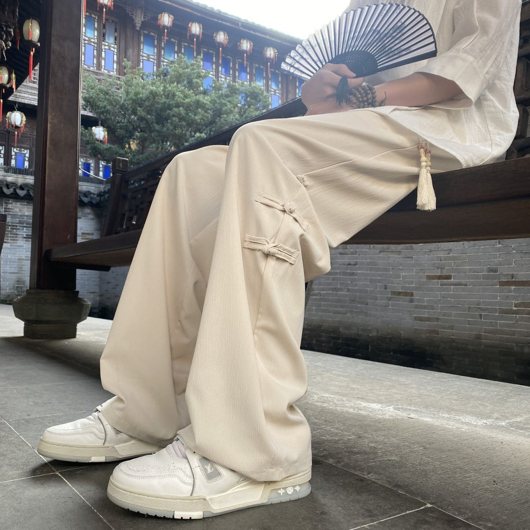 2024 Summer Men's New Chinese Style Side Button Wide-Leg Casual Pants | Trendy Loose-Fit Draped Trousers