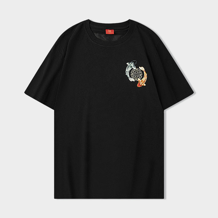 Camiseta de manga corta de verano 2025 para niños, con bordado de flores Koi, tendencia nacional, estilo chino suelto.