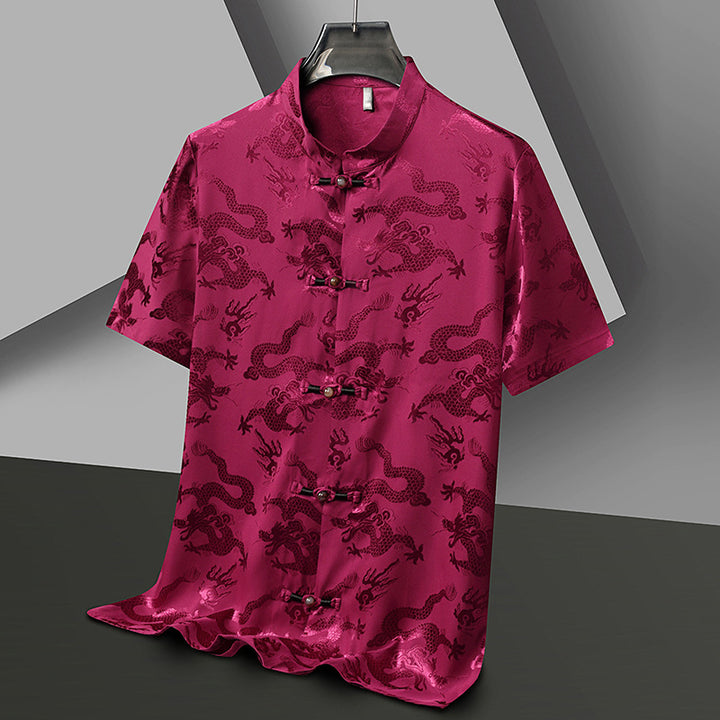 Camiseta de manga corta de alta calidad de seda de hielo de dragón, camisa de estilo chino para hombre