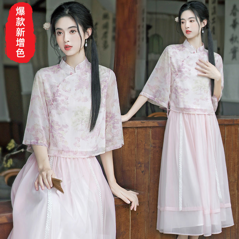 Original new Qingluo new Chinese Zen tea dress fairy girl cheongsam two-piece skirt improved Hanfu summer