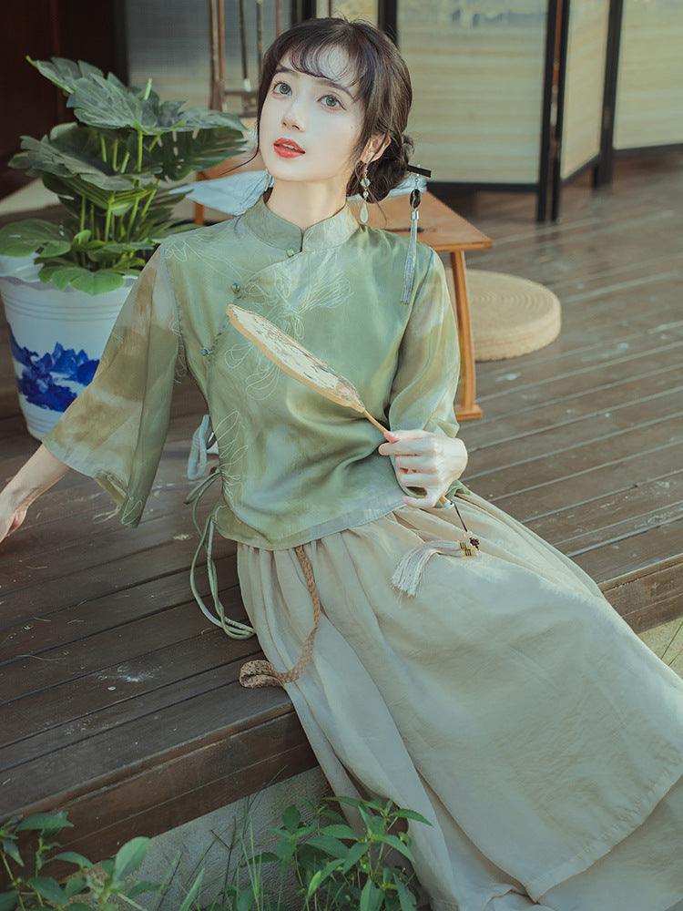 Original new Qingluo new Chinese Zen tea dress fairy girl cheongsam two-piece skirt improved Hanfu summer