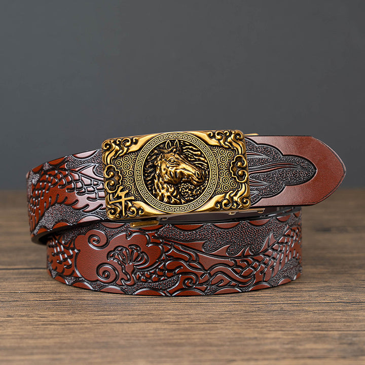 Nueva oferta: Cinturón con hebilla automática del zodiaco y grabado de dragón, de piel de vacuno de doble capa, moderno, informal y con un diseño atrevido.