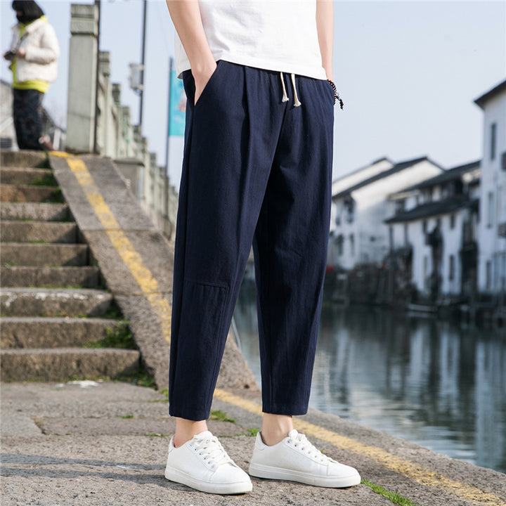 Pantalones de lino y algodón estilo chino para hombre | Pantalones harén ligeros, holgados y de pierna ancha para verano