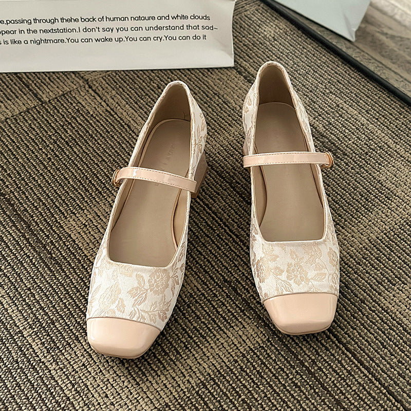 Nuevos zapatos Mary Jane de estilo chino para mujer: Qipao de primavera con tacón grueso, tacón medio, punta cuadrada y elegante diseño de falda Ma Mian.