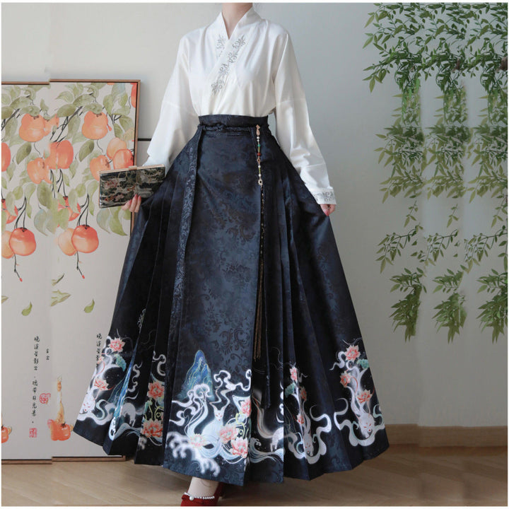 Nuevo Hanfu oriental original de la dinastía Ming: "Zorro Lunar y Loto Floreciente" con mangas planas y falda Ma Mian para mujer, uso diario.