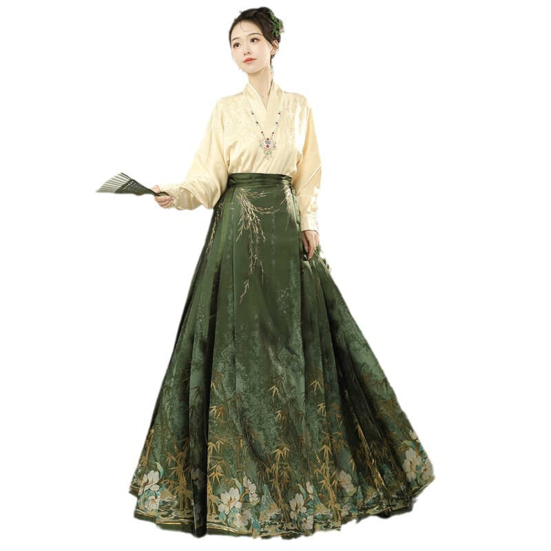 Luo Zhu - Hanfu "Sombra de Bambú" de la dinastía Ming | Conjunto de falda Ma Mian de brocado y mangas de avión para mujer | Hanfu modernizado para uso diario en otoño