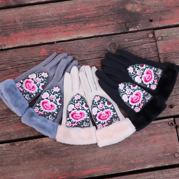Guantes para pantalla táctil bordados de estilo étnico de Yunnan: calidez invernal con forro polar