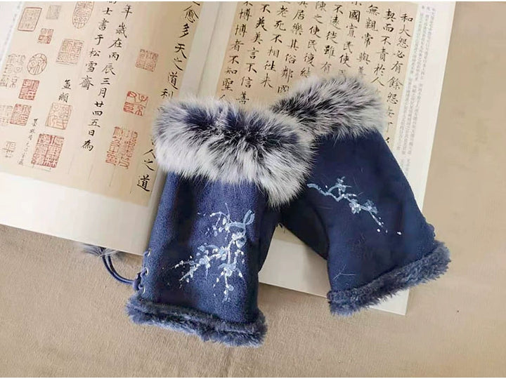 Guantes de piel de conejo Qianqian Chenxiang pintados a mano, cálidos, de medio dedo, exquisitos guantes de invierno de estilo chino para mujer, regalo de Año Nuevo.