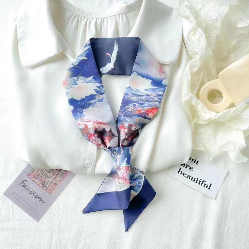 Chinese-Style Oil Painting Small Silk Scarf – Decorative Long Tie Scarf, Headband, and Butterfly Knot for Bags and Hair