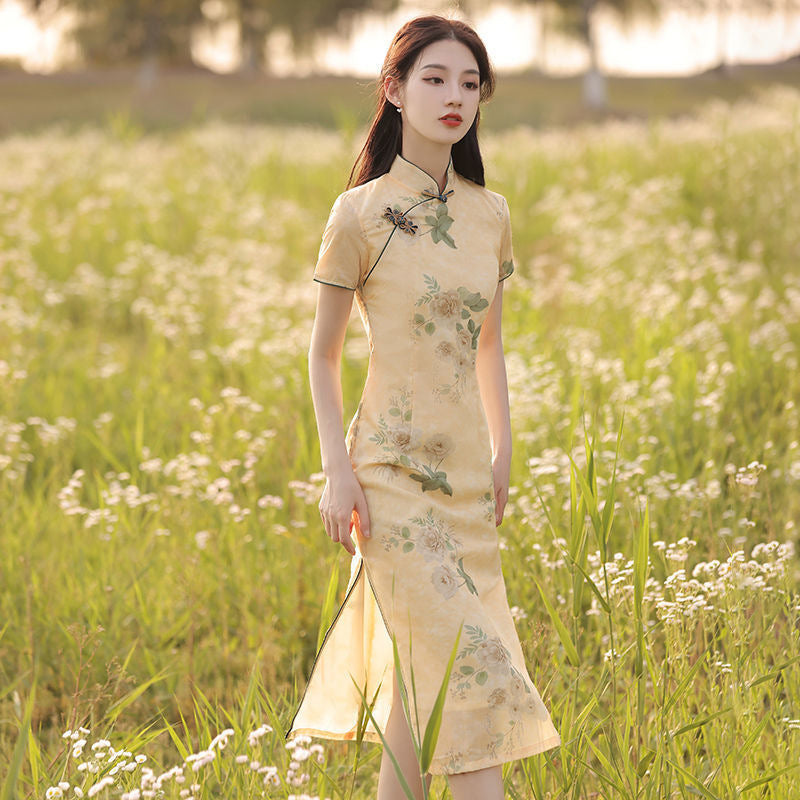 2025 New Summer Improved Cheongsam Women's Retro Chinese Style Medium-length Printed Short-sleeved Ladies Dress