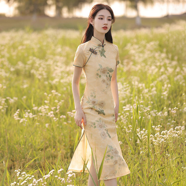 2025 New Summer Improved Cheongsam Women's Retro Chinese Style Medium-length Printed Short-sleeved Ladies Dress