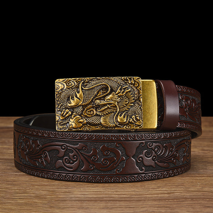 Cinturón de piel auténtica con cabeza de dragón: hebilla automática con diseño retro tallado, cinturón informal para vaqueros para hombres jóvenes.