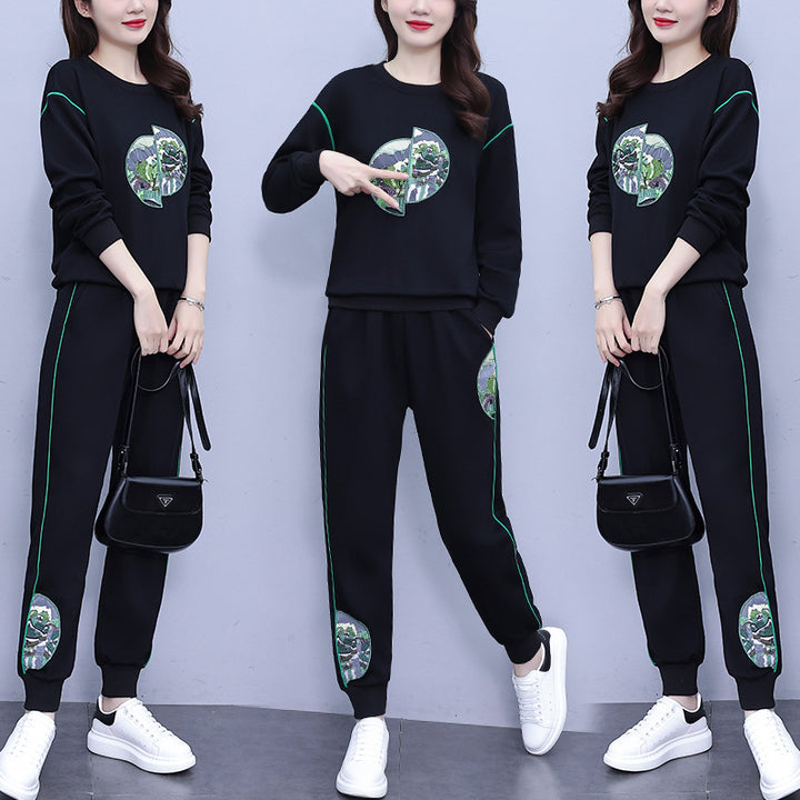 Conjunto deportivo de talla grande estilo chino para mujer, colección primavera 2024, sudadera informal bordada con cuello alto y botones anudados, conjunto de dos piezas.