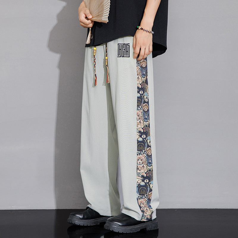 Pantalones casuales de seda de hielo de verano para hombre: finos, holgados, de pierna recta y con parches bordados, pantalones largos versátiles para parejas.