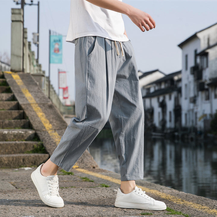 Pantalones de lino y algodón estilo chino para hombre | Pantalones harén ligeros, holgados y de pierna ancha para verano