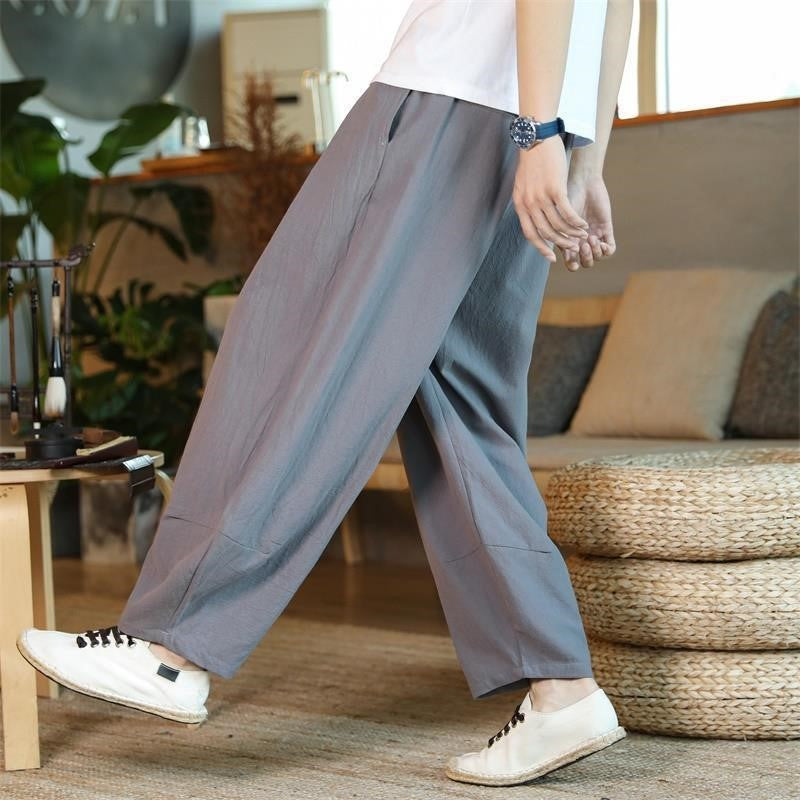 Pantalones de lino de verano de corte holgado estilo chino | Pantalones farol de algodón y lino