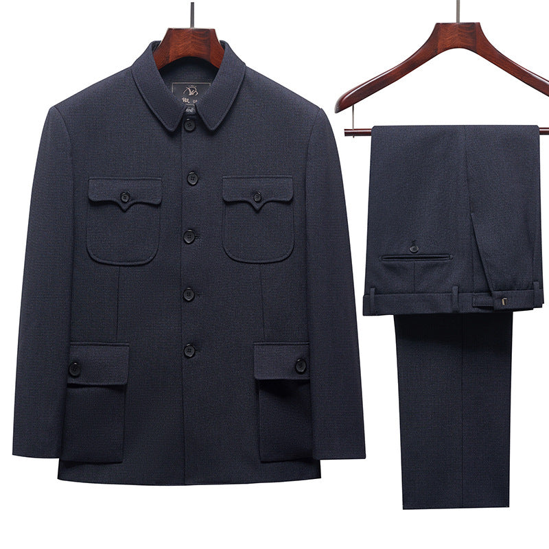 Traje Zhongshan de alta gama para hombres de mediana edad y mayores, traje de otoño e invierno engrosado más traje Zhongshan de terciopelo para papá, abrigo de abuelo anciano