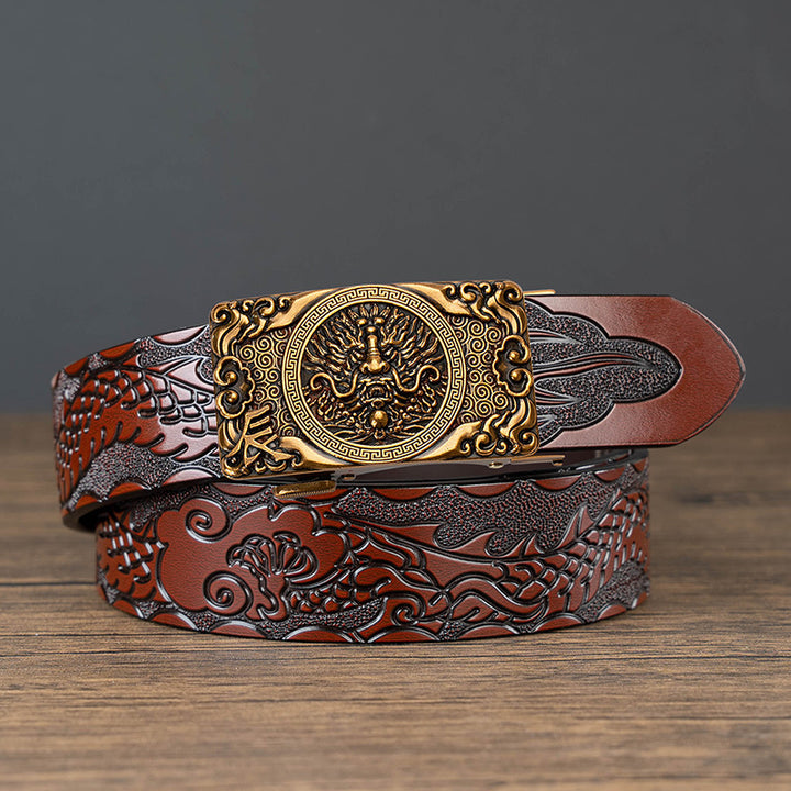 Nueva oferta: Cinturón con hebilla automática del zodiaco y grabado de dragón, de piel de vacuno de doble capa, moderno, informal y con un diseño atrevido.