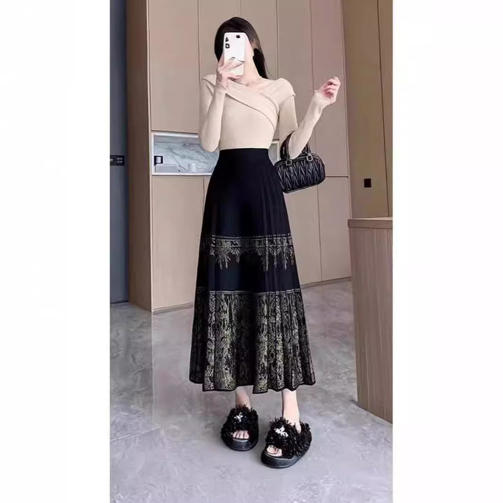 Falda larga de punto de cintura alta y corte A | Falda Mamen bordada estilo chino para otoño/invierno