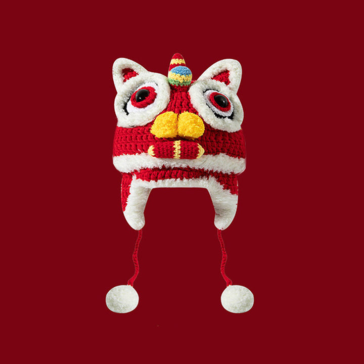 2024 Year of the Dragon Red Chinese Knit Tiger and Dragon Head Hat – Baby's Festive New Year Lion Head Hood
