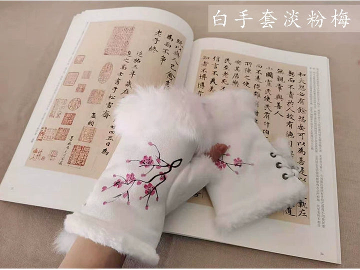 Guantes Qianqian de jade pintados a mano, de piel de conejo, cálidos, de medio dedo, hermosos guantes de invierno de estilo chino para mujer, edición de Navidad y Año Nuevo.