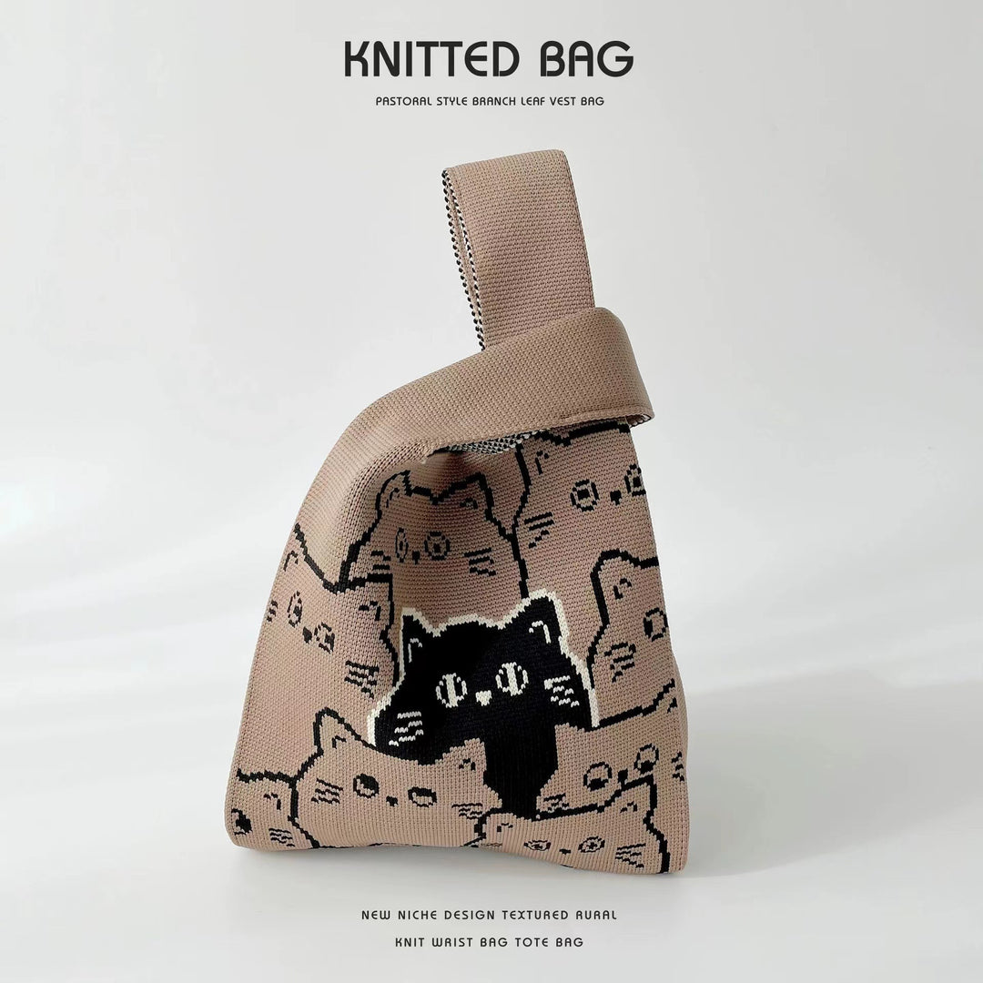 Bolso de mano de punto con diseño de gato del Festival del Bote del Dragón: un bonito bolso de dibujos animados de estilo chino