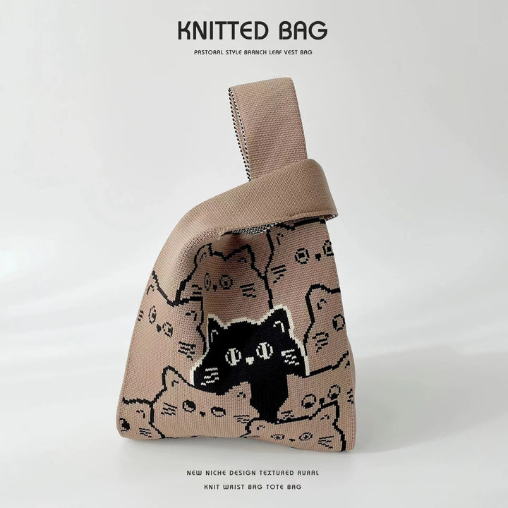 Bolso de mano de punto con diseño de gato del Festival del Bote del Dragón: un bonito bolso de dibujos animados de estilo chino
