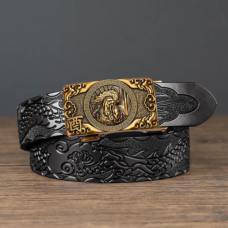 Nueva oferta: Cinturón con hebilla automática del zodiaco y grabado de dragón, de piel de vacuno de doble capa, moderno, informal y con un diseño atrevido.