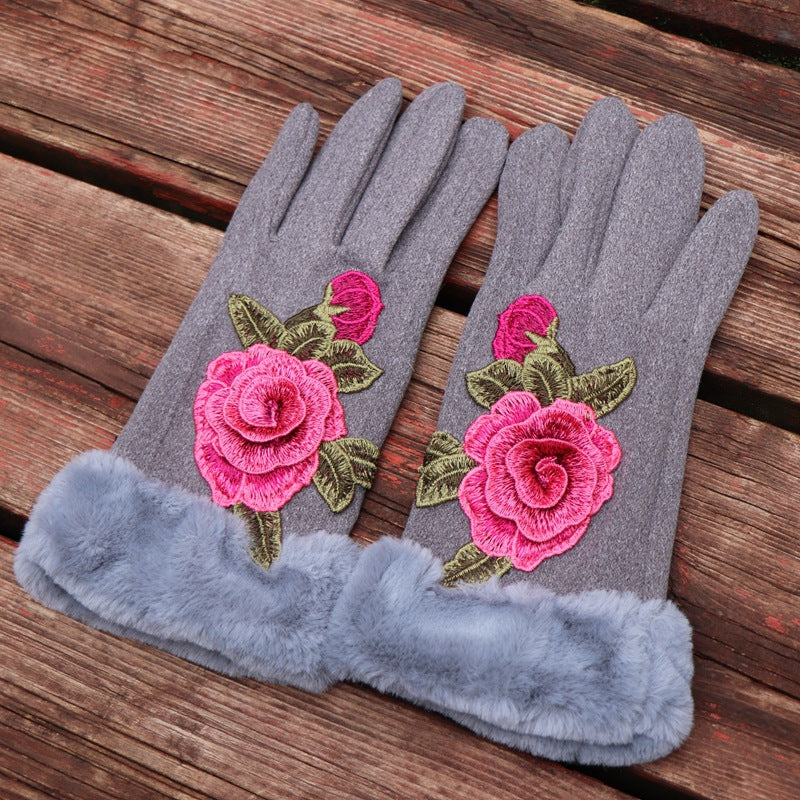 Guantes de dedos completos para mujer: diseño floral bordado étnico de Yunnan con ribete de piel sintética