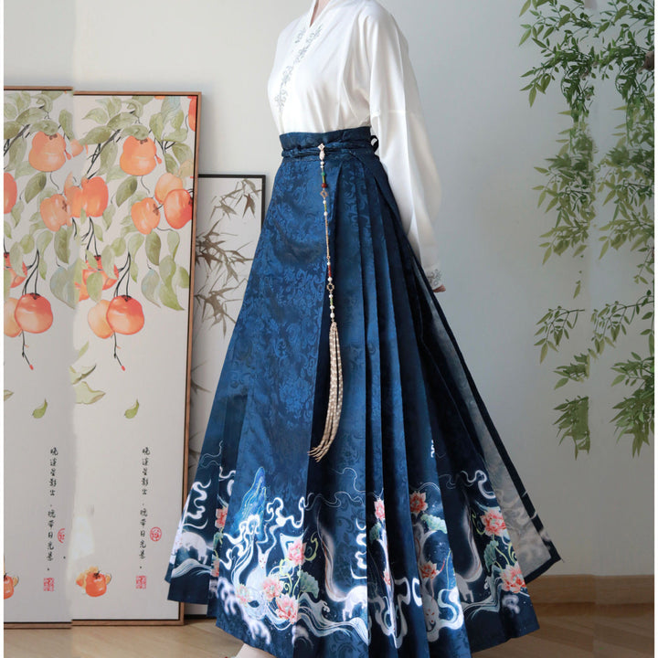 Nuevo Hanfu oriental original de la dinastía Ming: "Zorro Lunar y Loto Floreciente" con mangas planas y falda Ma Mian para mujer, uso diario.