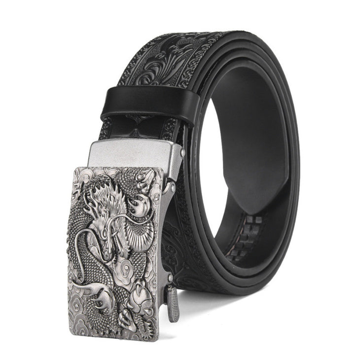 Cinturón de piel auténtica con cabeza de dragón: hebilla automática con diseño retro tallado, cinturón informal para vaqueros para hombres jóvenes.