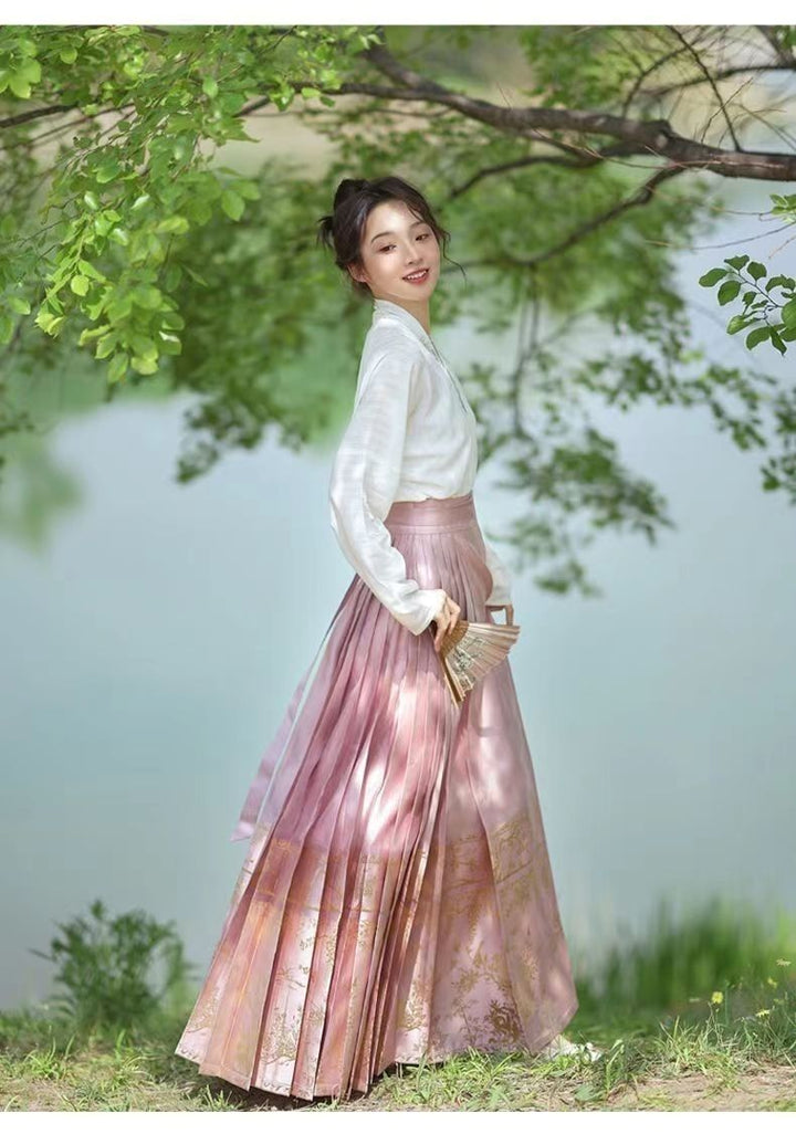 Summer Hanfu Women's New Collection | Simple Floral Ma Mian Skirt Full Set - "Man Ting Fang" Lightweight Commuter Ancient Costume