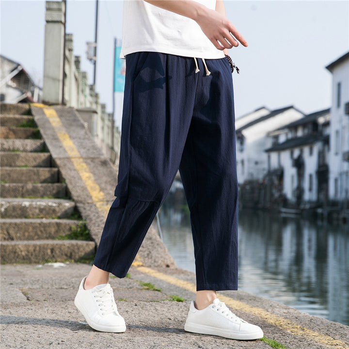 Pantalones de lino y algodón estilo chino para hombre | Pantalones harén ligeros, holgados y de pierna ancha para verano