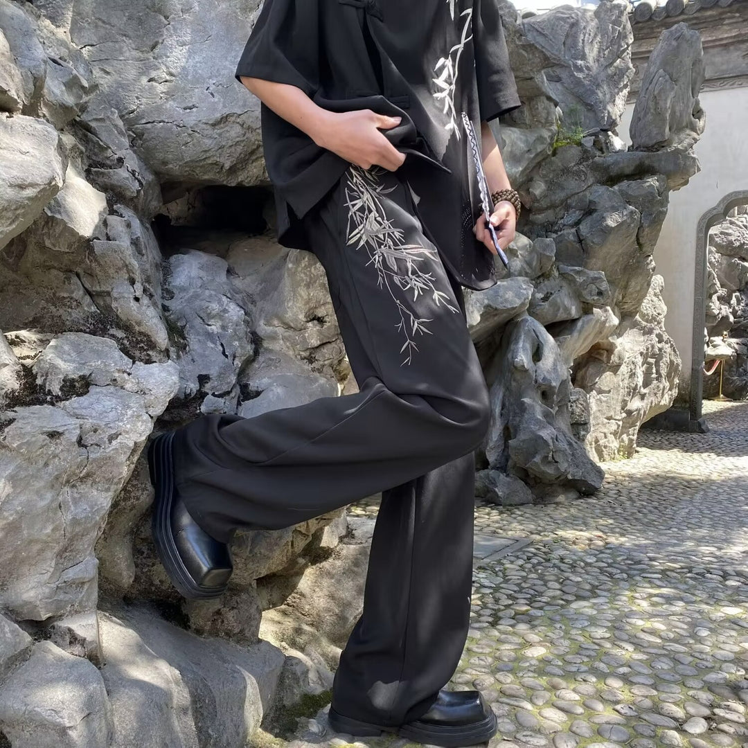 Pantalones de vestir con bordado de bambú estilo chino para hombre | Pantalones rectos, holgados y de pierna ancha, de moda para primavera y otoño