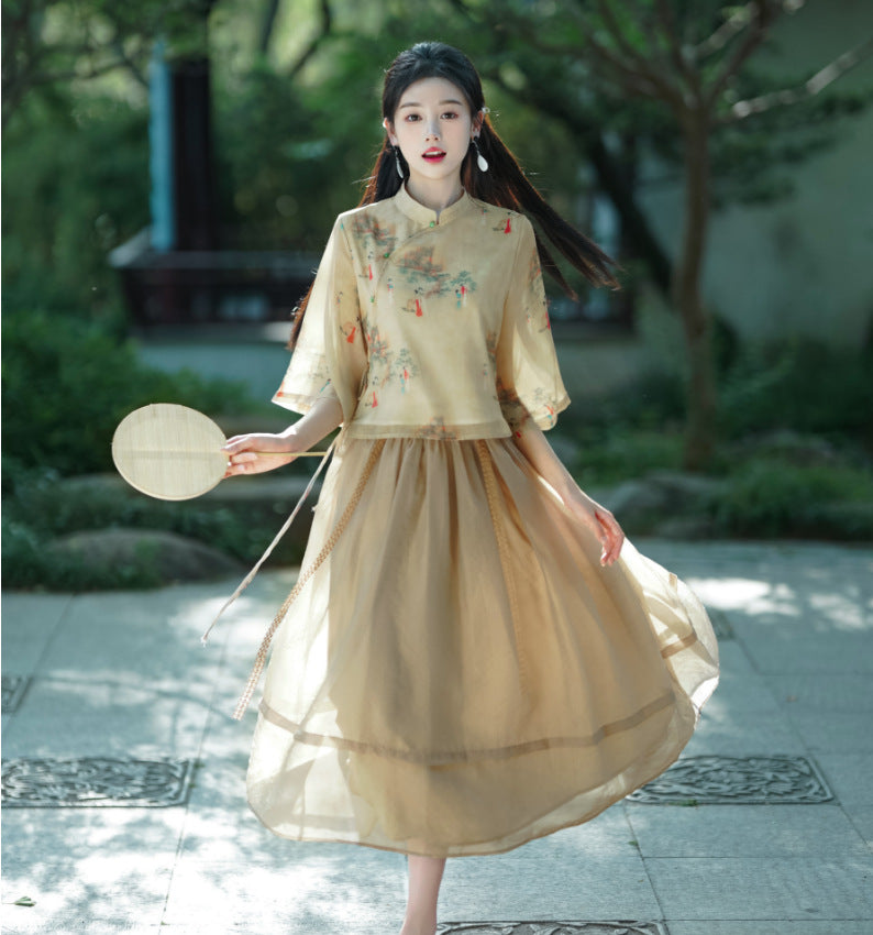 Original new Qingluo new Chinese Zen tea dress fairy girl cheongsam two-piece skirt improved Hanfu summer