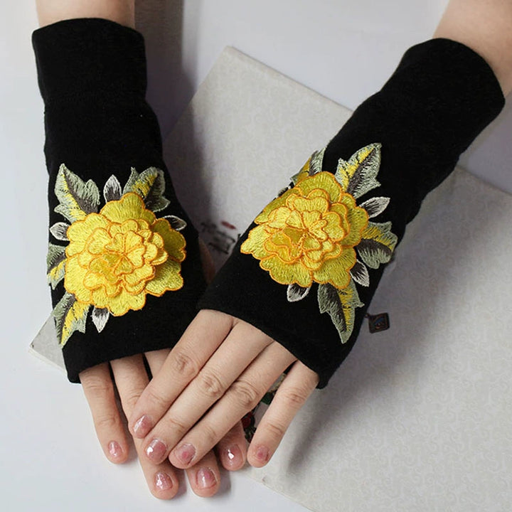 Guantes de medio dedo para mujer, cálidos y resistentes al frío, para conducir en otoño e invierno, guantes de algodón sin dedos de estilo chino con bordado y pantalla táctil, engrosados.