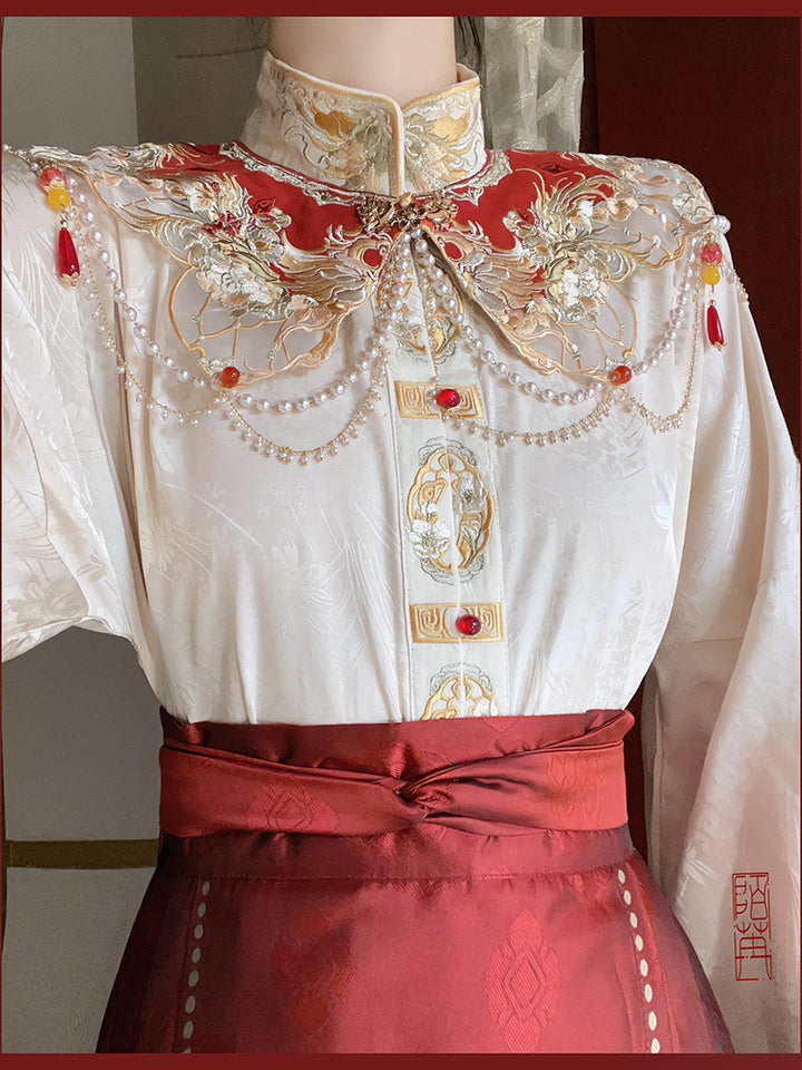 Traje de boda Hanfu chino | Conjunto de top bordado + falda Ma Mian + hombros Yun