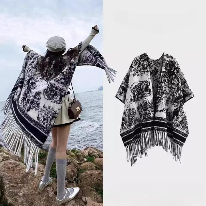 春秋仿羊绒复古水墨画设计感流苏围巾女小众别致休闲百搭披肩